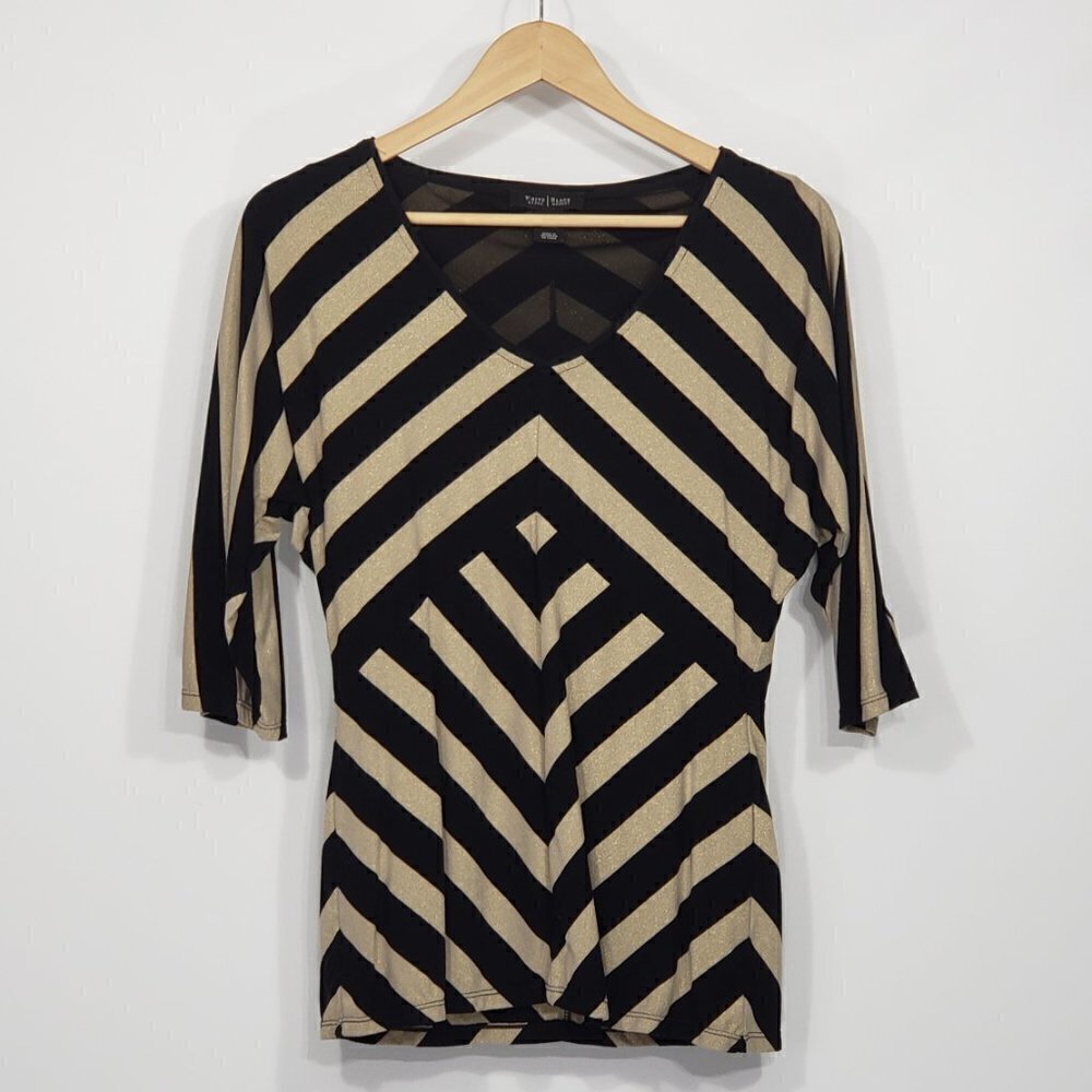 White House Black Market  Black & Gold Striped V-Neck Blouse  Women's Size Small